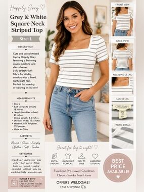 Square Neck Short Sleeve Stripe Top in White and Olive